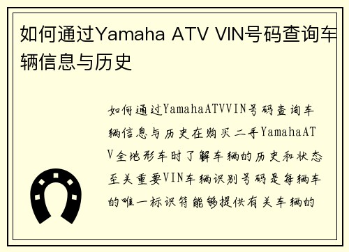 如何通过Yamaha ATV VIN号码查询车辆信息与历史